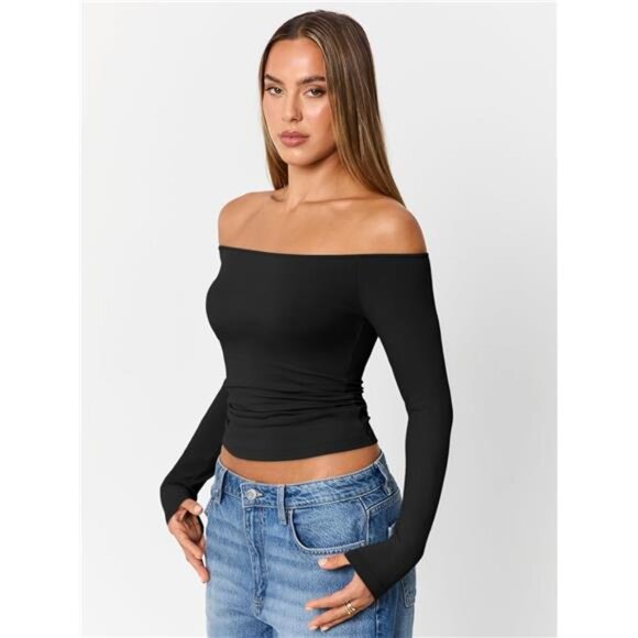Women’s Off Shoulder Long Sleeve Top | Slim Fit Y2K Basic Shirt - Picture 3 of 5